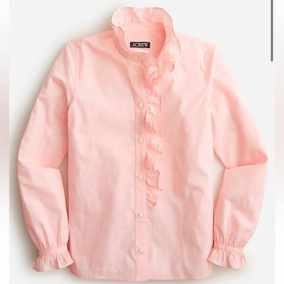 J Crew Pink Long Sleeve 100% cotton Ruffle Cottage Top w split hem- 4- like new! - Picture 1 of 12